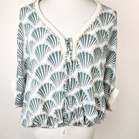 Skemo Boheme Green Seashell Caracol Miami Beaded V-neck Oversized Beach Top S - Picture 1 of 8